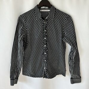 Tommy Hilfiger Women's Button Down Black & White Striped Ruffle Blouse Size 8
